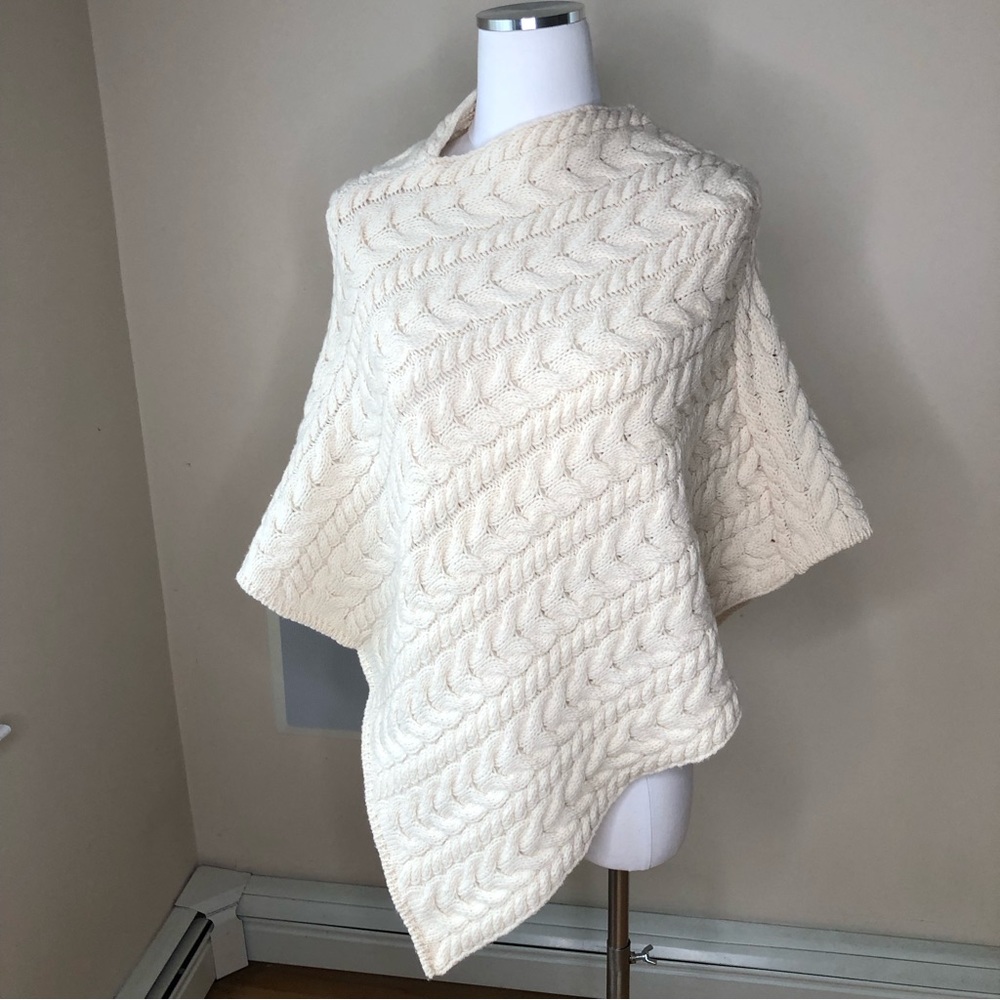 Irelands Eye 100% Irish Ivory Wool Cable Knit Poncho Sweater S/M